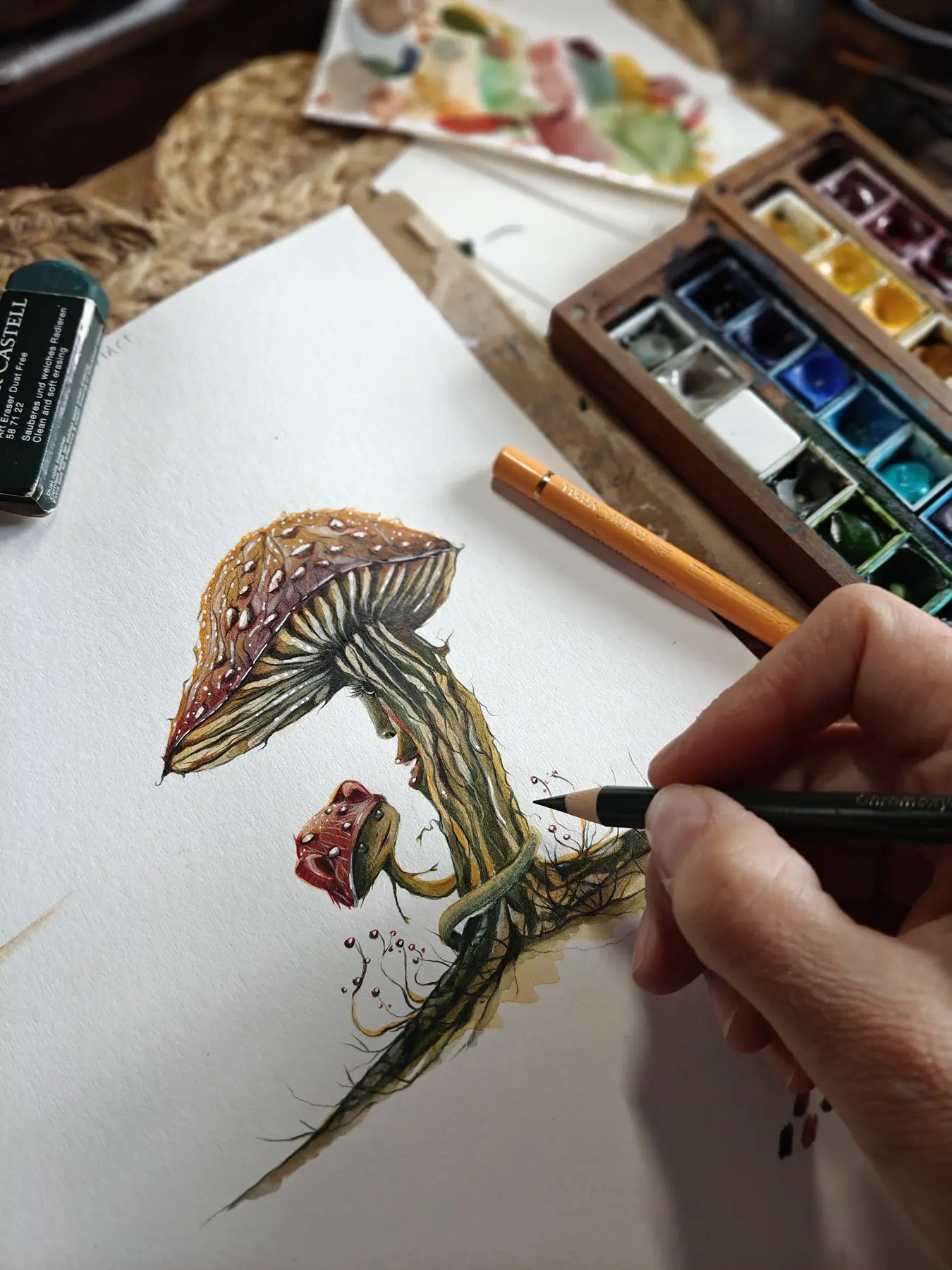 Dana tekent paddenstoelen met potlood en aquarel