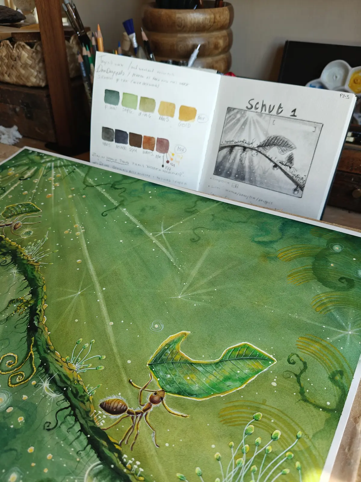 Storyboard en illustratie naast elkaar